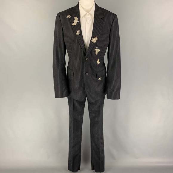 ALEXANDER MCQUEEN Black Silver Stripe Wool Blend Notch Lapel Suit - Picture 2 of 12